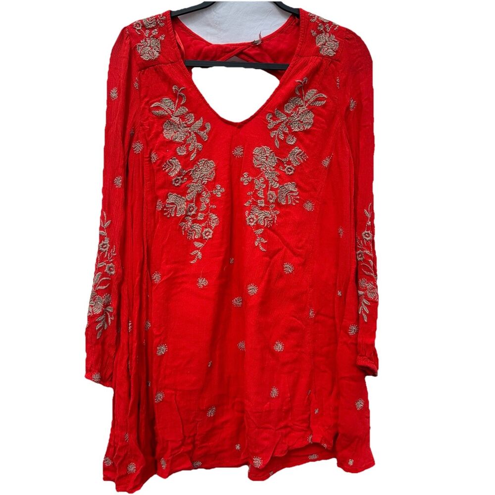 Free People Dress S  Oversized Boho Crepe Embroidered Floral Open Back Tunic
